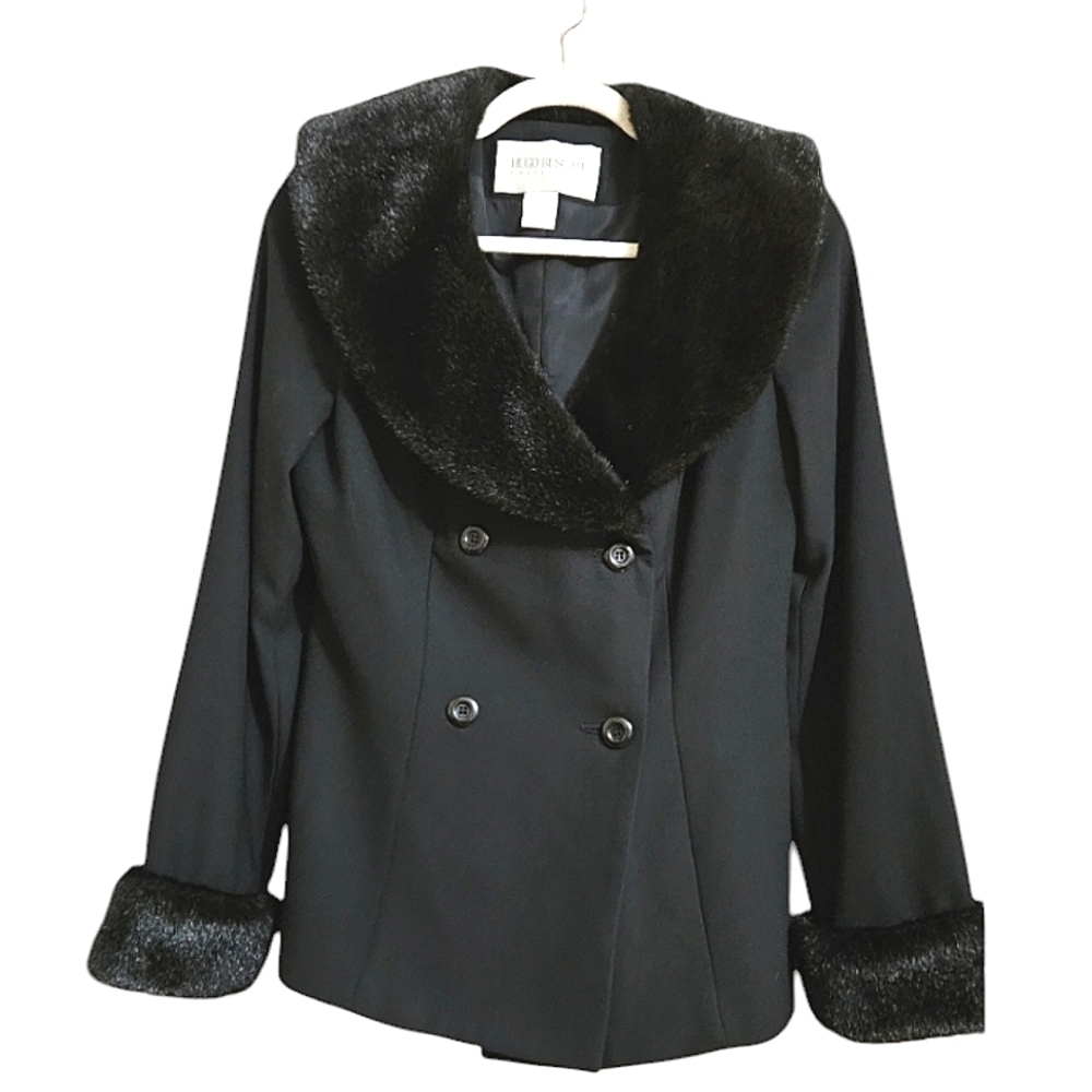 HUGO BUSCATI Black Faux fur trim peacoat. Size 6